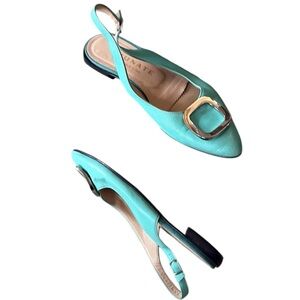 Brunate Italy Turquoise Leather Silver Buckle Low Heel Slingback Flats - 8